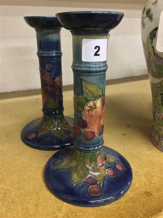 Pair of Moorcroft Finches pattern candlesticks